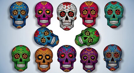 colorful sugar skulls illustration festive day of the dead decorations with artistic designs symbolizing mexican culture and celebration great for background use