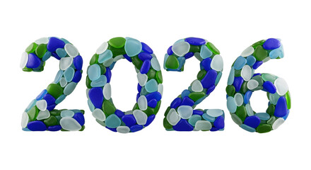 Fototapeta premium 2026 Text Art: Colorful Sea Glass Pebbles Forming Numbers png clear alpha channel cutout isolated on transparent background