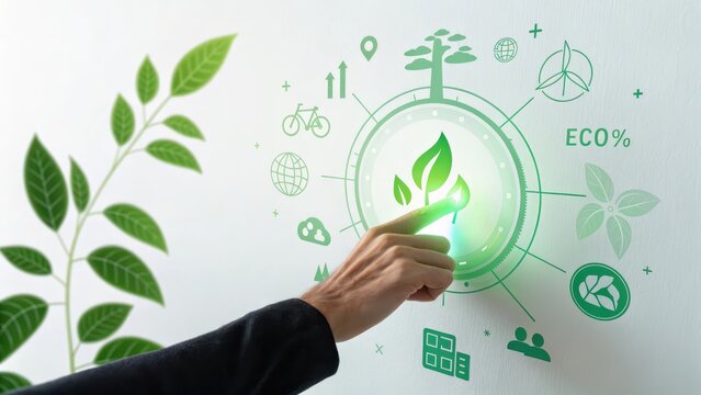Hand touching glowing green digital interface with eco friendly icons and plant