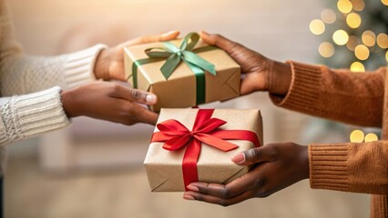 Hands exchanging gifts with festive bokeh lights in the background