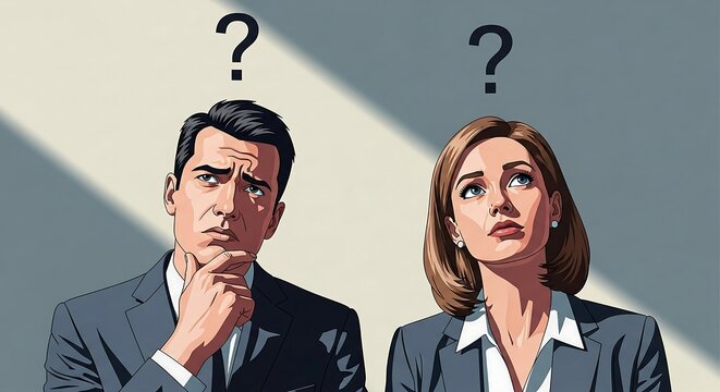 Confused business people looking up wondering about strategy isolated on gray background for presentation on innovative planning and brainstorming.