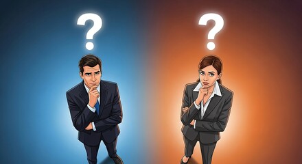 Confused business people pondering facing uncertainty contemplating decisions against split blue and orange backgrounds suitable for corporate communications.