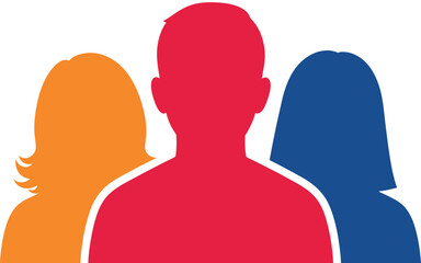 Three Silhouetted Figures in Orange Red and Blue Standing Together Illustration