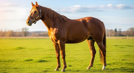 Majestic Chestnut Horse with Blue Halter Standing in Green Pasture under Clear Sky