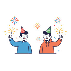 Two friends celebrating together with sparklers and confetti wearing party hats illustration cheerful celebration festive mood clean flat design style