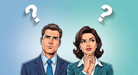 Confused business professionals considering solutions contemplating choices in a corporate environment suitable for problem-solving and decision-making concepts.