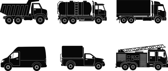 Utility vehicle silhouette, dump truck clipart, tanker vector, cargo van icon, fire truck drawing, pickup graphic, emergency transport set © MdNurunnabi