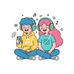 Two Friends Enjoying Music Together Sitting on Floor Wearing Headphones and Matching Outfits Sharing a Digital Device with Colorful Background and Musical Notes Floating Around