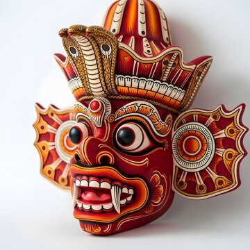 Close-up artistic view of a Sri Lankan devil dance mask in red, orange, and gold, with dancer&rsquo;s eyes visible through the openings, set against a blurred temple festival backdrop.