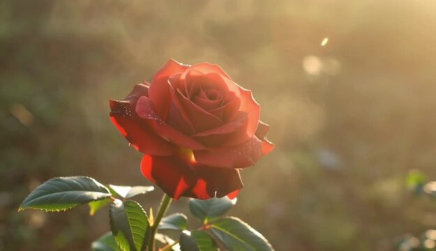 A realistic slow-motion close-up of a red rose blooming gently under the warm golden light of sunrise. Soft morning mist surrounds the flower as sunlight slowly illuminates its petals. The background 