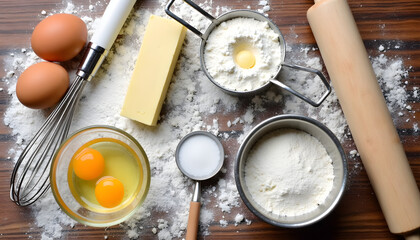 Baking ingredients arranged on a wooden surface, ready for a delicious recipe