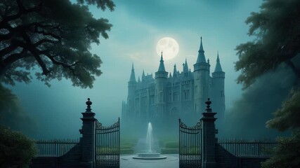 Ethereal moonlight illuminates a majestic gothic castle entrance with ornate gates and a serene fountain creating a mystical and enchanting atmosphere perfect for - Powered by Adobe