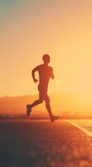 Silhouette of a runner crossing the finish line at sunset with golden sky, long shadows on the track, minimalistic and emotional composition, artistic sports photography, peaceful yet powerful moment