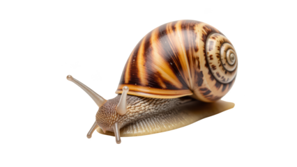 Detailed close up of snail showcasing its spiral shell and soft body, highlighting intricate patterns and textures. image evokes sense of calm