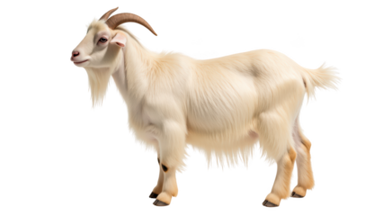 Realistic illustration of white goat with long fur and curved horns, standing plain background. goat appears calm and friendly, showcasing its