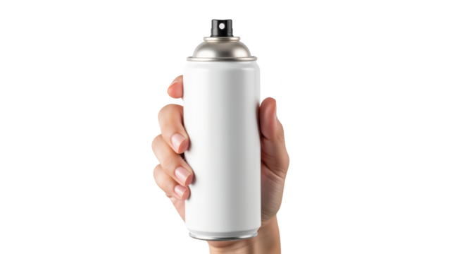 Hand holds blank spray paint can, showcasing its sleek design and potential for creativity. This evokes inspiration for artistic projects