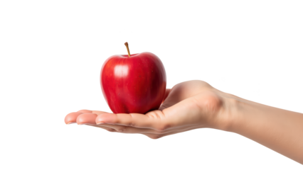 Hand holds shiny red apple, symbolizing freshness and health. vibrant color and smooth texture create inviting appearance