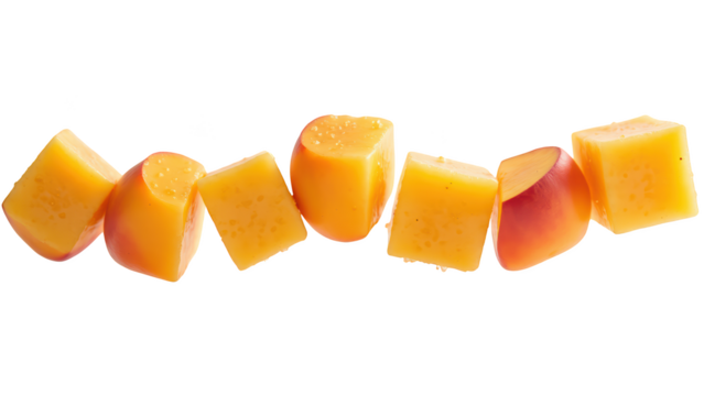 Fresh, vibrant cheese cubes arranged in line, showcasing rich yellow color and smooth texture, perfect for snacking or culinary use