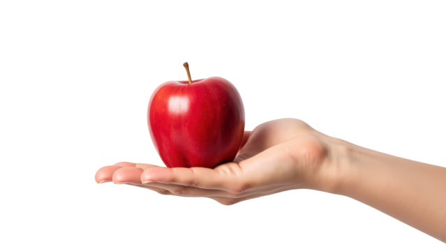 Hand holds shiny red apple, symbolizing freshness and health. vibrant color and smooth texture create inviting appearance