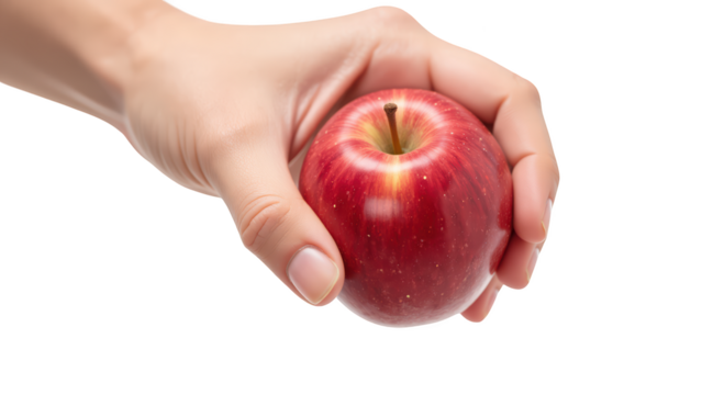 Hand holds shiny red apple, showcasing its vibrant color and smooth texture, symbolizing freshness and health