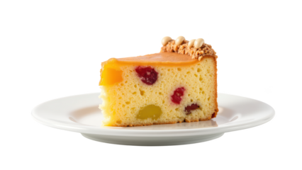 Delicious cake slice with colorful fruit pieces, served on white plate, showcasing moist texture and appealing presentation