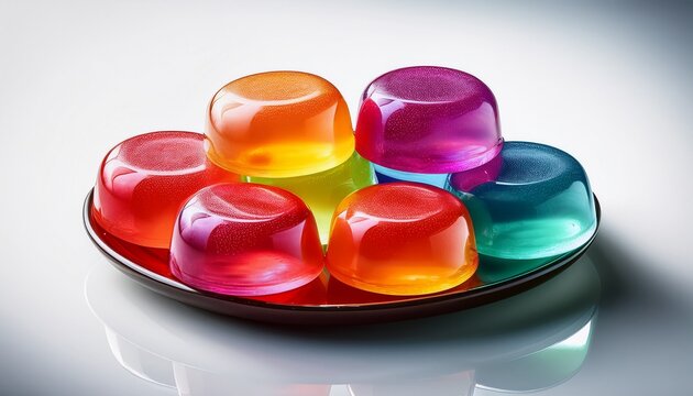 Bright, colorful jelly candies with glossy translucent texture on white background, ideal for sweet branding and packaging