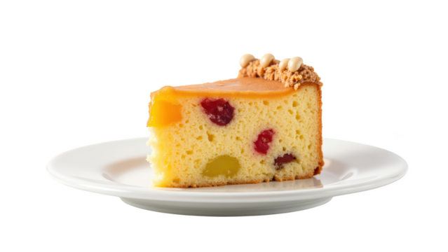 Delicious cake slice with colorful fruit pieces, served on white plate, showcasing moist texture and appealing presentation