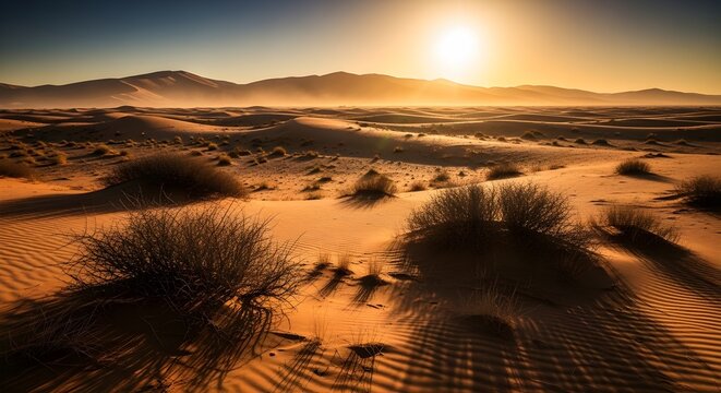 Expansive desert landscape bathed in the radiant glow of a golden sunset, featuring undulating sand dunes and sparse, resilient vegetation casting long, dramatic shadows across the arid terrain