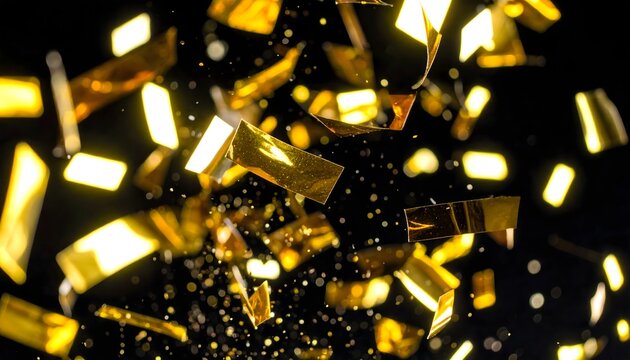 Sparkling gold confetti bursts creating a dynamic celebration effect against a dark backdrop, perfect for festive events and award ceremonies.