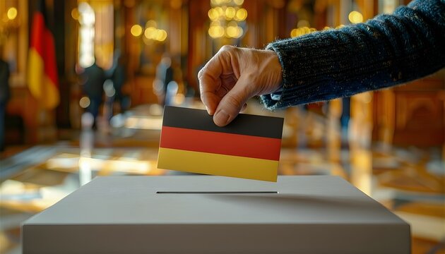 Wahlen in Deutschland - eine Hand h&auml;lt einen Wahlzettel &uuml;ber den Schlitz einer blauen Wahlurne