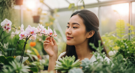 A beautiful woman gently smells a pink orchid in a bright, sunlit greenhouse, conveying a serene and joyful mood.