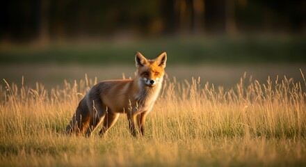 Wild Red Fox Gazing at Camera in Golden Grass Field during Sunset