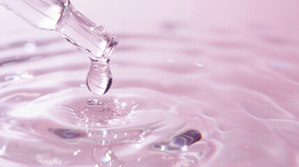 macro close-up of skincare serum dropper releasing clear drops on smooth glowing skin, shallow depth of field, bright lighting, minimal background, cosmetic product shot