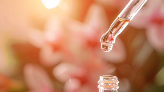 macro close-up of skincare serum dropper releasing clear drops on smooth glowing skin, shallow depth of field, bright lighting, minimal background, cosmetic product shot