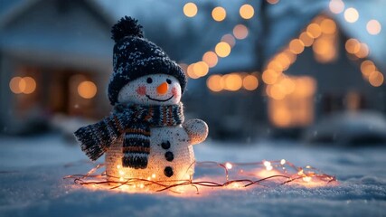 Cute snowman with Christmas lights in snow, loop motion background - Powered by Adobe