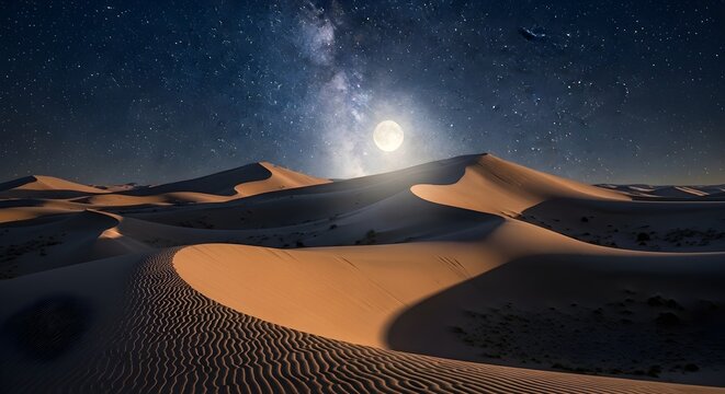 Breathtaking desert landscape under a majestic full moon and a vibrant starry night sky, illuminating the intricate patterns of the vast sandy dunes with serene tranquility