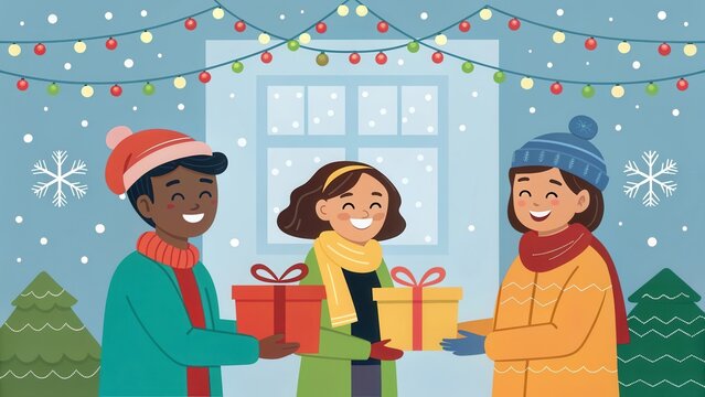 Three happy friends exchanging gifts outdoors during winter holidays