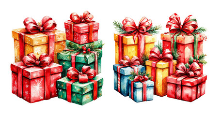 Watercolor illustration of colorful gift boxes stacked together. The boxes are wrapped in various colors with ribbons and bows, isolated on a white background.