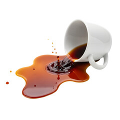 Spilled coffee cup with splash, perfect for beverage, drink, mess, accident, and creative design projects. isolated on white or transparent background.PNG format.