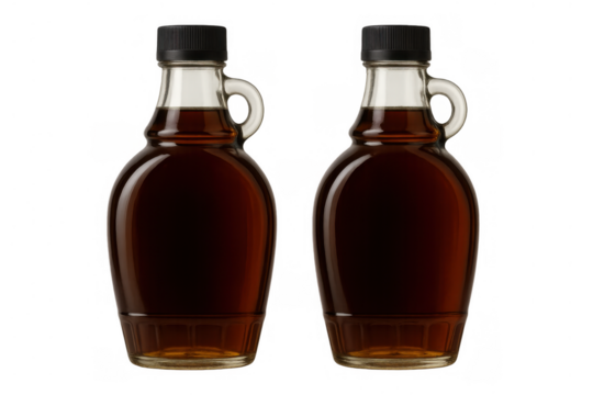 Two glass jugs of golden maple syrup, ready for sweetening breakfast, pancakes, waffles, or desserts, transparent background