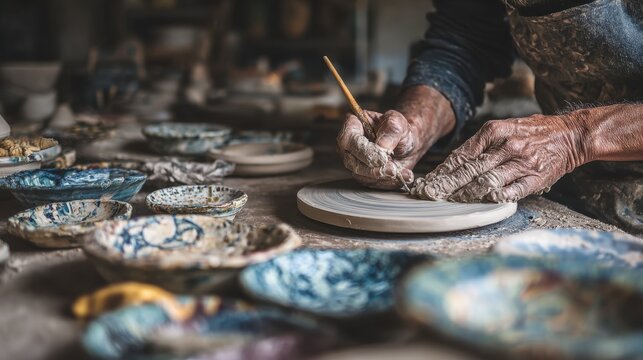 Hands of a potter shaping clay on a pottery wheel with detailed ceramic bowls - Powered by Adobe