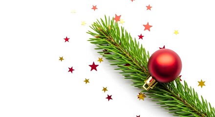 Christmas ornament on fir branch with star confetti festive holiday decoration isolated on white