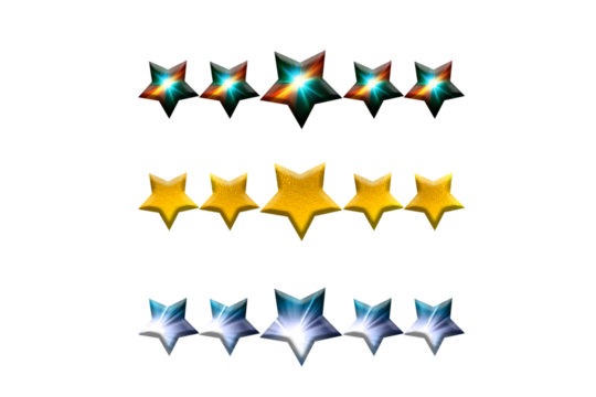 Colourful five star rating, review  icon set isolated on transparent  background. Customer feedback concept. Achievement badge, success symbol, graphic design element,