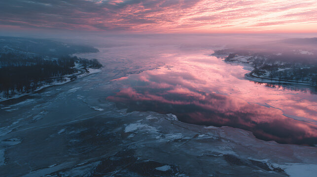 Icy lake mirroring pink sunset glow, cinematic aerial view and winter stillness
