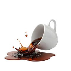 Spilled coffee cup with splash, perfect for beverage, drink, mess, accident, and creative design projects. isolated on white or transparent background.PNG format.