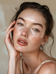 beautiful young woman with glowing natural skin, minimal makeup, neutral beige background, soft daylight photography, commercial skincare concept