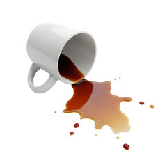 Spilled coffee cup with splash, perfect for beverage, drink, mess, accident, and creative design projects. isolated on white or transparent background.PNG format.
