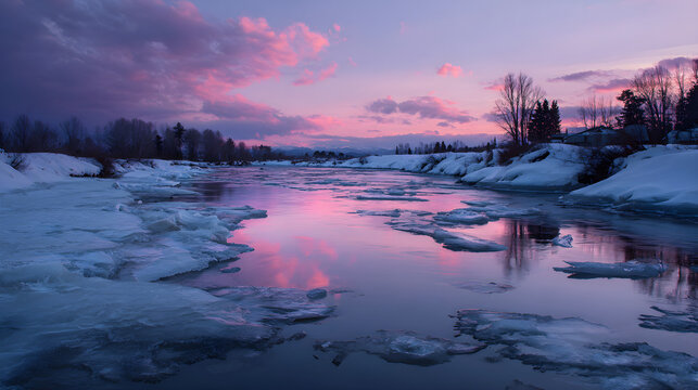 Icy river at dusk with pink reflection, long-exposure serenity and winter grandeur