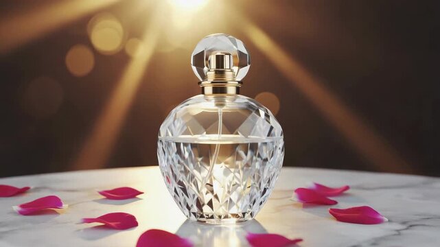 Luxury crystal perfume bottle elegant glass flacon surrounded by vibrant pink rose petals on marble surface with soft golden light rays and bokeh background for
