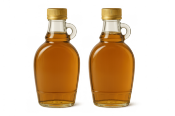 Glass bottles of maple syrup for breakfast or dessert, sweet food condiment with transparent background isolated